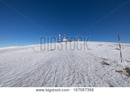 landscape of snow mountain summit named Bola del Mundo World Ball in Navacerrada Sierra de Guadarrama National Park Madrid Spain Europe