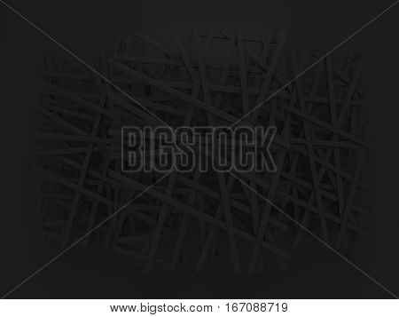 abstract black chaotic birdnest layout background 3d render
