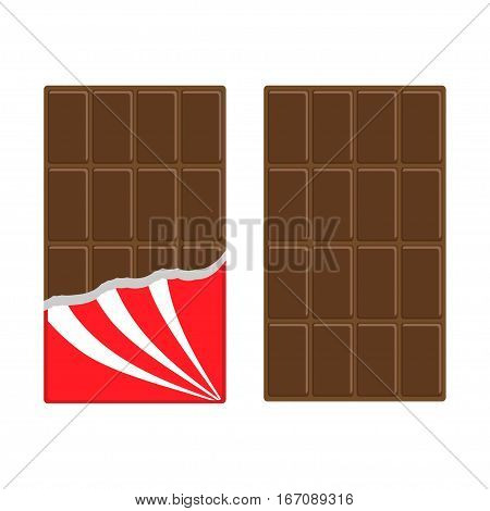 Chocolate bar icon set. Opened red wrapping paper foil. Milk dark dessert. Tasty sweet food. Rectangle shape Vertical piece. Modern simple style. Flat design. White background. Vector illustration