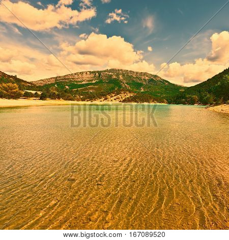 Lake Lac de Castillon in the French Alps at Sunset Vintage Style Toned Picture