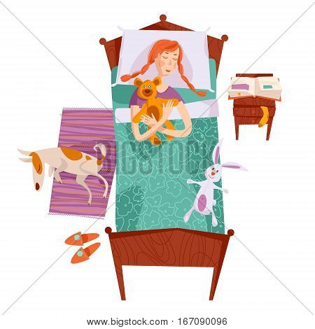 Sleeping little girl in a bed with a teddy bear and a toy hare. Sleeping dog on a rug. Nursery room. Vector illustration