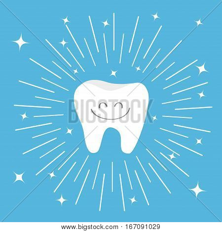 Healthy tooth icon with smiling face. Round line circle. Oral dental hygiene. Children teeth care. Shining effect stars. Cute cartoon character. Blue background. Flat design. Vector illustration