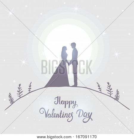Romantic silhouette of loving couple in the moonlight. Valentines Day. Happy Lovers. Romantic card. Vector illustration