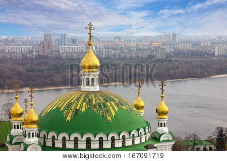 Kiev, Ukraine. Pechersk Lavra Monastery and river Dniepr panoramic city view
