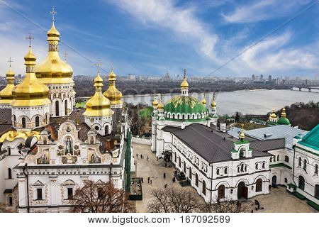 Kiev, Ukraine. Pechersk Lavra Monastery and river Dniepr panoramic city view