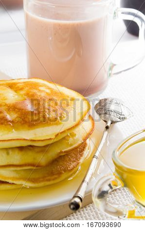 Cocoa, Silver Spoon, Honey And Pancakes For Dessert