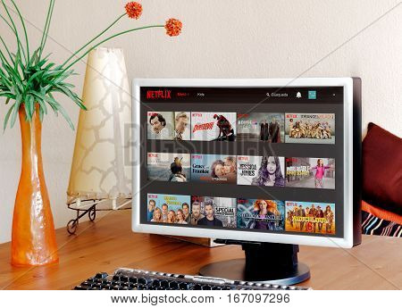BARCELONA SPAIN - FEBRUARY 13 2016: Netflix in the computer screen.Netflix is an international leading subscription service for watching TV episodes and movies.