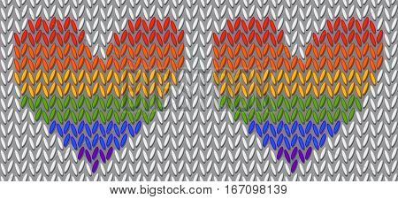 Vector illustration - Gay Striped Heart couple. Knitted rainbow hearts. Vector seamless pattern. May used as end-product or element for tileble background.