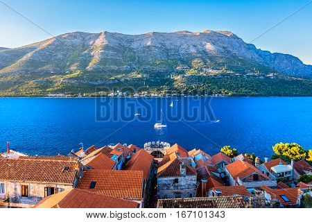 Aerial view at marble landscape at Korcula town and Peljeski Channel in Dalmatia region, Croatia, european travel summer resorts.