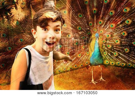 Teen Boy With Pea Cock In Asian Zoo