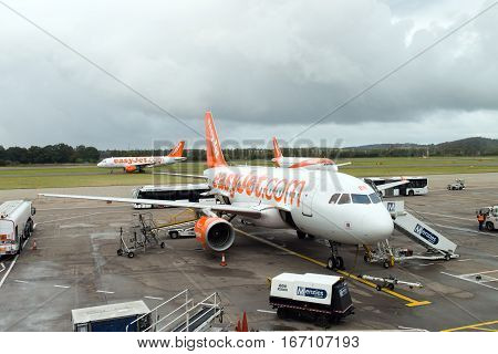 Edinburgh Scotland - 13 Oct 2016: EasyJet airplane is ready for passengers to board at Edinburgh airport. EasyJet is a British low cost airline which based at Luton London.