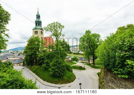 The Mulln Church in the Historic center of Salzburg City. Unesco Heritage Austria, Europe