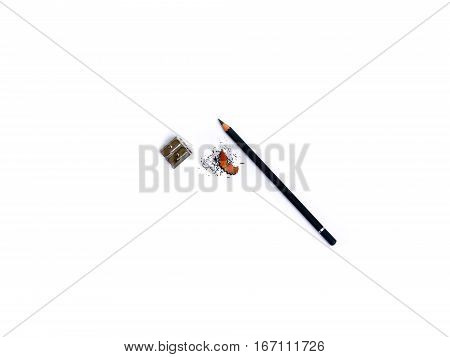 pencil with shavings and pencil sharpener isolated on white background