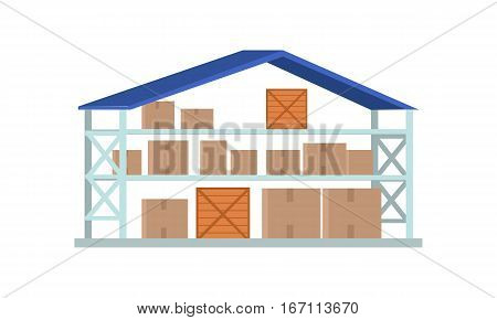 Worldwide warehouse delivering. Storehouse building. Logistics container shipping and distribution. Transportation through the world. Loading and unloading boxes. Part of series of worldwide delivery