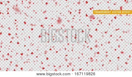 Valentines Day background of red hearts petals falling. Symbol of love for the label gift packages. Flower petal in shape of heart confetti. Decor element for greeting cards. Transparent vector effect