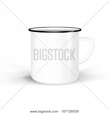 clean enamel mug isolated on white background. photorealistic white cup for branding