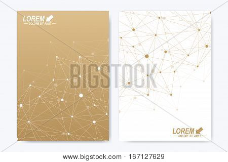 Modern vector template for brochure Leaflet flyer advert cover catalog magazine or annual report. A4 size. Business, science, medical design. Golden cybernetic dots. Lines plexus. Card surface