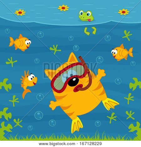 cat dives into the mask and flippers - vector illustration