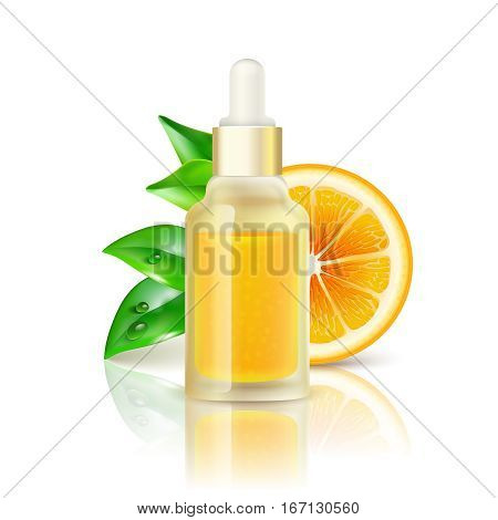 Natural citrus fruits vitamin c transparent drop bottle with concentrated orange juice realistic image with reflection vector illustration