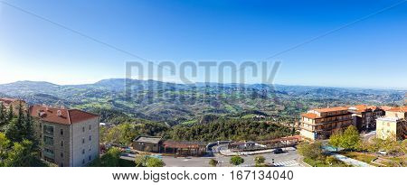 San Marino Italy - November 06 2013: Panorana San Marino and the Apennine Mountains. Monte Titano is the highest peak.