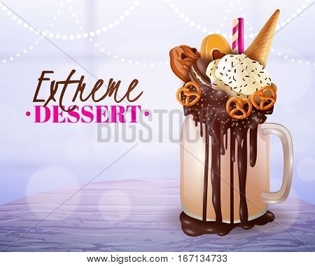 Rich cream chocolade cake and cookies topped overload milkshake jar dessert with blurred light background vector illustration