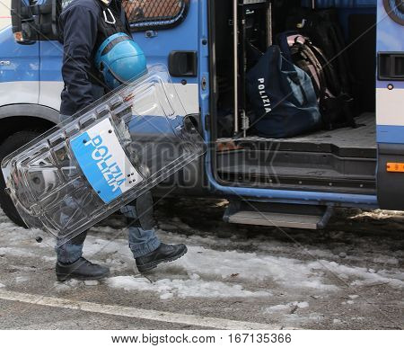 Vicenza, Vi, Italy - January 28, 2017: Italian Police Riot Squad With Blue Helmet While Patrolling T