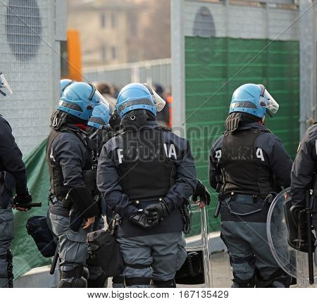 Vicenza, Vi, Italy - January 28, 2017: Italian Police Riot Squad With Body Armor In The City