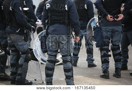 Vicenza, Vi, Italy - January 28, 2017: Italian Police Riot Squad With Body Armor In The City