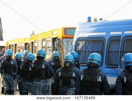 Vicenza, Vi, Italy - January 28, 2017: Italian Police Riot Squad With Body Armor In The City