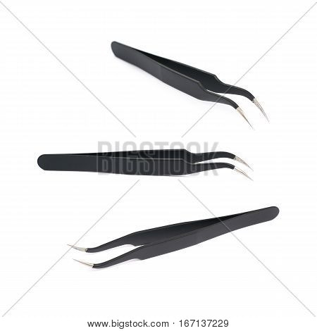 Black metal anti-static tweezers tool isolated over the white background, set of three different foreshortenings