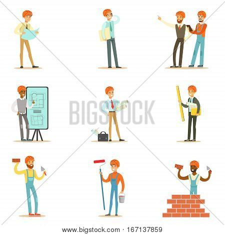 Architects And Construction Workers House Construction Process From Project To Building Set Of Illustrations. Cartoon Male Characters Working In Construction Set, MAnual Laborers And Supervisors .