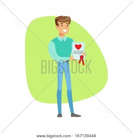 Smiling Man Holding Life Insurance Constract , Insurance Company Services Infographic Illustration. Vector Icon With Type Of Insurance Helping People To Protect Their Property.