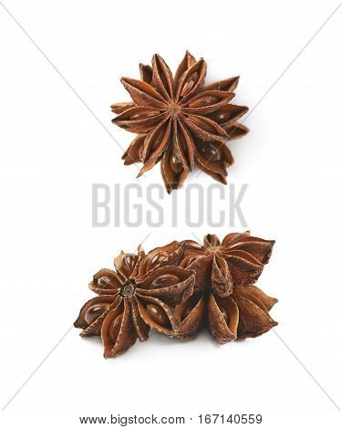 Pile of multiple Chinese star anise seeds, composition isolated over the white background, set of two different foreshortenings