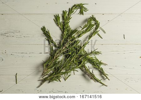 Bunch of Rosemary on White Wooden background