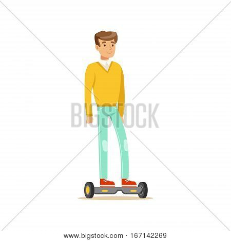 Man In Yellow Sweater And Jeans Riding Electric Self-Balancing Battery Powered Personal Electric Scooter Cartoon Character. Happy Person Using Modern Technology Gyro Vehicle Vector Illustration.