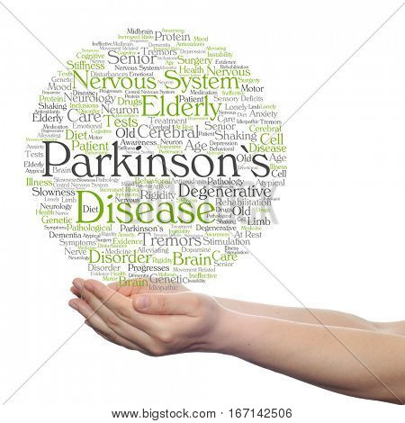 Concept or conceptual Parkinson`s disease healthcare or nervous system disorder abstract word cloud held in hands isolated on background