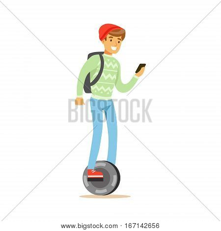 Student In Red Hat With BAckpack And Smartphone Riding Electric Self-Balancing Battery Powered Personal Electric Scooter Cartoon Character. Happy Person Using Modern Technology Gyro Vehicle Vector Illustration.