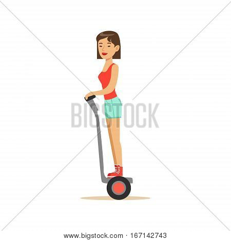 Woman In Summer Clothes Riding Electric Self-Balancing Battery Powered Personal Electric Scooter Cartoon Character. Happy Person Using Modern Technology Gyro Vehicle Vector Illustration.