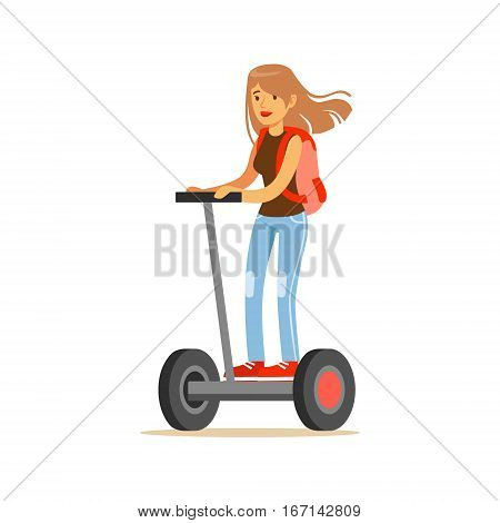 Student Girl With Backpack Riding Electric Self-Balancing Battery Powered Personal Electric Scooter Cartoon Character. Happy Person Using Modern Technology Gyro Vehicle Vector Illustration.