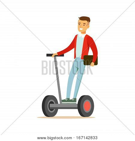 Asian Guy Businessman Riding Electric Self-Balancing Battery Powered Personal Electric Scooter Cartoon Character. Happy Person Using Modern Technology Gyro Vehicle Vector Illustration.