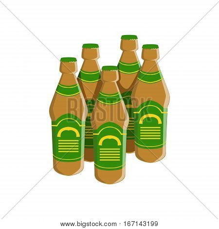Four Bottles Of Staut Beer With Green Label, Oktoberfest Festival Drinks Bar Menu Item. German Beer Celebration Related Alcohol Drinks Assortment Vector Illustration.