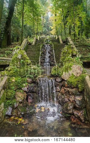 The staircase and waterfall in the fairy forest the Bussaco Portugal.