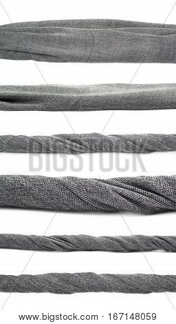 Strip of gray fabric isolated over the white background, set of six different foreshortenings