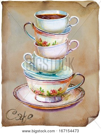 Party colorful tea cups and saucers on old paper closeup. Sketch handmade. Postcard for Valentine's Day. Watercolor illustration.