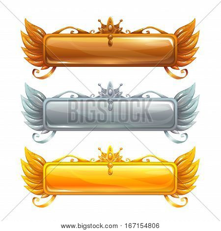 Cartoon vector title banners set for epic game design. Bronze, silver and golden frames. Isolated on white.