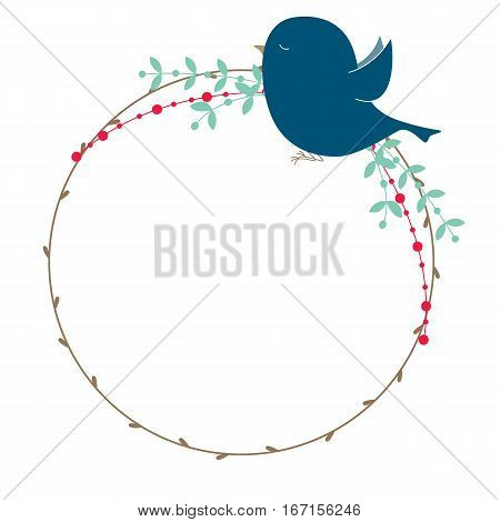 Vector rustic wreath with bird, branches and leaves.