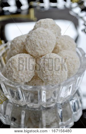White Delicious Sweet Coconut Candy In A Crystal Plate