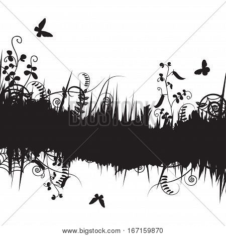 Black abstract floral card with vetch, grass, swirls, web and butterfly. Design of trafaret ecology invitation card, wedding, stickers, healthy card, greeting