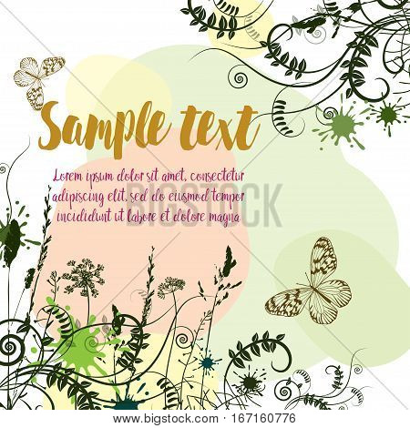 Green abstract floral card with fresh vetch, grass, swirls. Design for ecology invitation card, wedding, stickers, healthy card, greeting