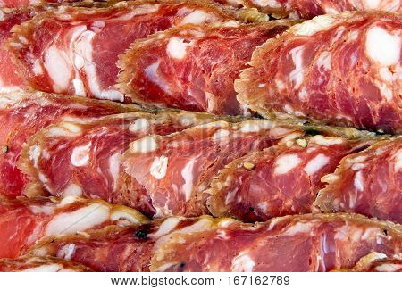 Smoked sausage made from horsemeat. Top view